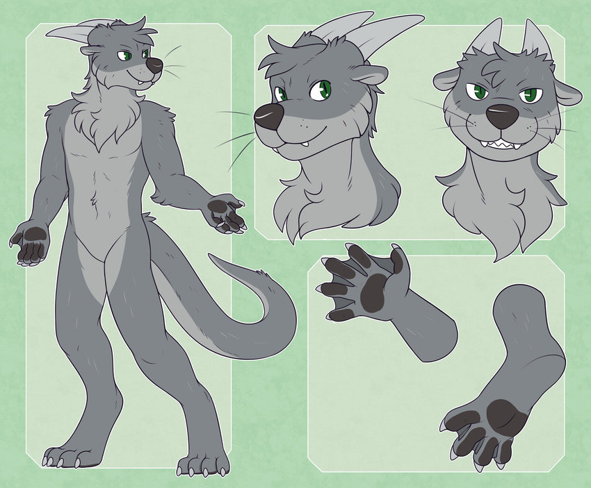 2016 4_toes 5_fingers anthro black_nose black_pawpads chest_tuft claws digital_media_(artwork) digitigrade dragon evillabrat fangs featureless_crotch fur green_background green_eyes grey_fur grey_horn grey_tail grin horn hybrid kaelith looking_at_viewer male mammal model_sheet mustelid naturally_censored nude otter pawpads paws simple_background slit_pupils solo standing teeth toe_claws toes tuft webbed_feet webbed_hands whiskers