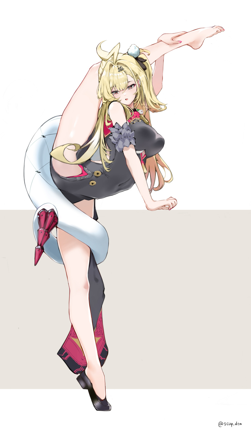 1girl absurdres alternate_costume bare_shoulders barefoot black_shoes blonde_hair breasts chalky_(zenless_zone_zero) cissia_(zenless_zone_zero) cosplay covered_navel flexible glasses grey_hair highres long_legs red_eyes scup shoes single_bare_foot snake snake_girl snake_tail standing standing_on_one_leg sweety_(zenless_zone_zero) sweety_(zenless_zone_zero)_(cosplay) tail tiptoes white_background zenless_zone_zero