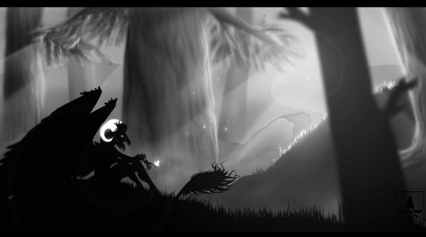 5_fingers anthro black_bars day feathered_wings feathers female forest grass greyscale hair horn humanoid kitty_silence monochrome outside sitting solo tree wings