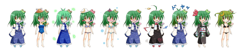 :d ;p ahoge alternate_color antenna_hair bare_arms bare_shoulders bikini black_bikini blush bow breast_press cosplay crescent crescent_hair_ornament detached_sleeves embarrassed expressive_clothes frog_hair_ornament green_hair hair_bow hair_ornament hat highres houjuu_nue houjuu_nue_(cosplay) japanese_clothes karakasa_obake kimono kochiya_sanae long_hair long_image one-piece_swimsuit one_eye_closed open_mouth osashin_(osada) school_swimsuit side-tie_bikini smile smug snake_hair_ornament solo striped striped_background swimsuit tongue tongue_out touhou transparent_background ufo umbrella wide_image yellow_eyes yukata