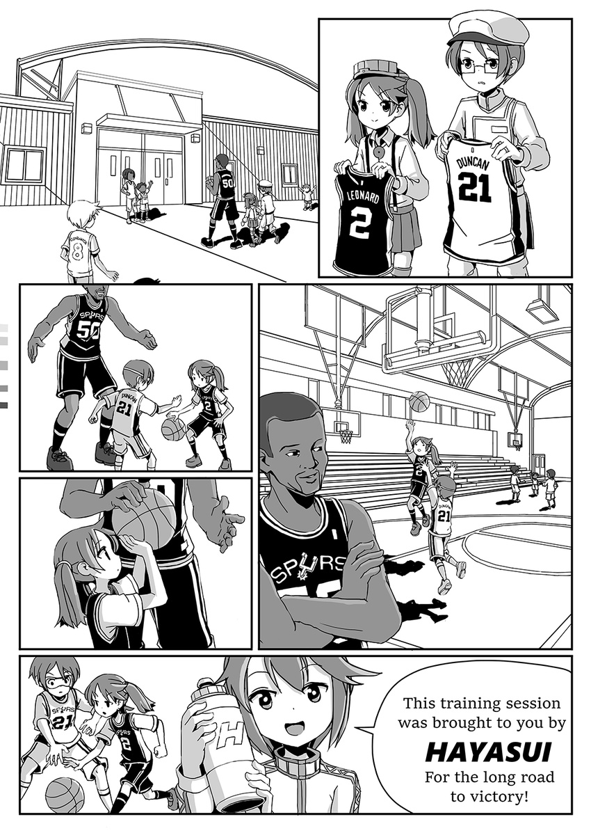 basketball basketball_court basketball_hoop basketball_uniform bleachers bottle clenched_hand color_guide comic commentary crossed_arms dark_skin dark_skinned_male david_robinson english facial_hair female_admiral_(kantai_collection) glasses greyscale hair_tie hat hayasui_(kantai_collection) height_difference highres jersey jumping kantai_collection kawhi_leonard magatama military military_hat military_uniform monochrome national_basketball_association open_mouth playing_sports pleated_skirt product_placement real_life ryuujou_(kantai_collection) san_antonio_spurs shadow short_hair skirt smile sport sportswear suspenders tanaka_setsuko tim_duncan twintails uniform visor visor_cap