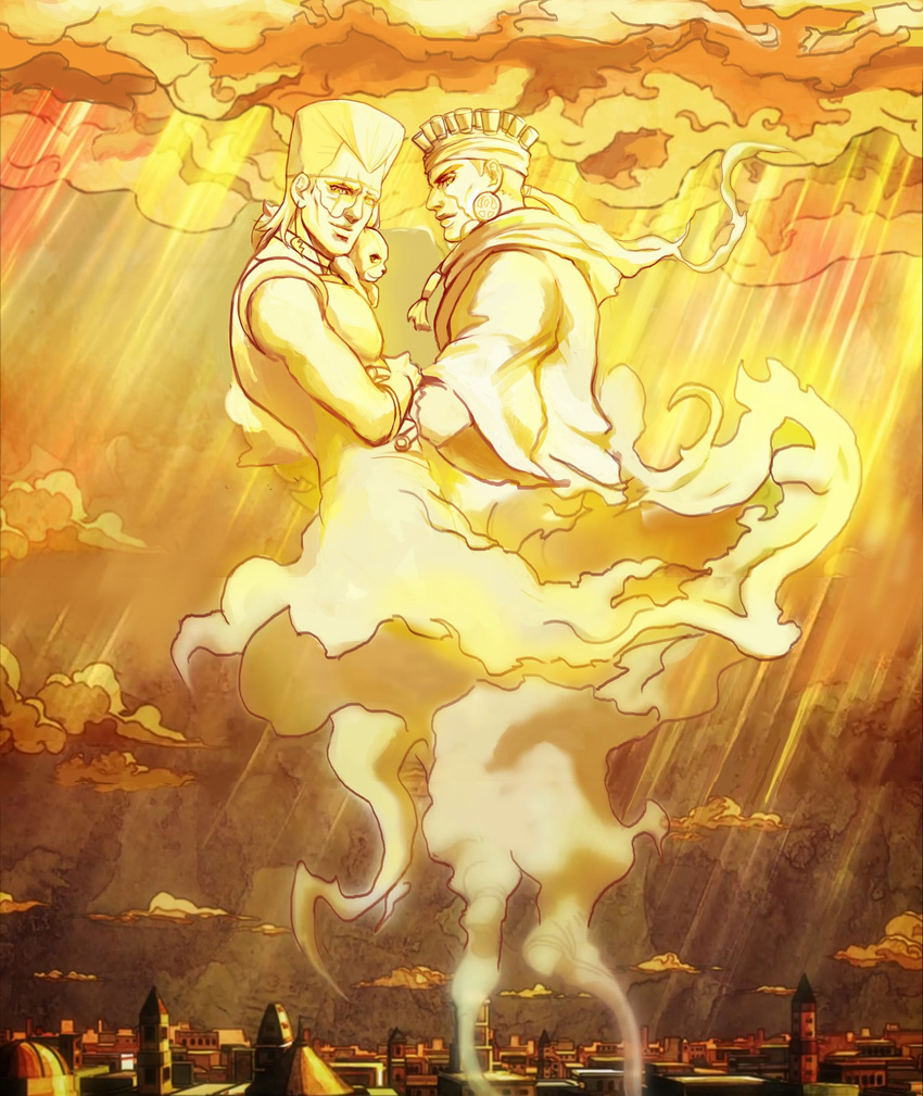 animal animal_on_shoulder building choker city cloud dog earrings eyepatch facial_mark ghost headband highres iggy_(jojo) jean_pierre_polnareff jewelry jojo_no_kimyou_na_bouken male_focus mohammed_avdol multiple_boys onebravecookie ponytail scar scar_across_eye sepia sky smile stardust_crusaders vento_aureo