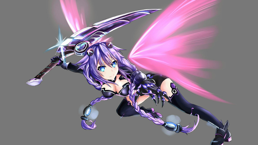 ass bangs black_footwear black_legwear blue_eyes blush boots braid breasts bright_pupils claws cleavage cleavage_cutout closed_mouth dutch_angle emblem energy_wings fighting_stance from_side full_body glint gloves glowing glowing_wings grey_background hair_between_eyes hair_flaps hair_ornament highres holding holding_sword holding_weapon jme131456 legs_apart leotard light_smile long_hair looking_at_viewer magical_girl medium_breasts neptune_(choujigen_game_neptune) neptune_(series) outstretched_arms pink_wings power_symbol purple_hair purple_heart sidelocks simple_background smile spread_arms sword symbol-shaped_pupils thigh_boots thighhighs twin_braids twintails very_long_hair weapon wings