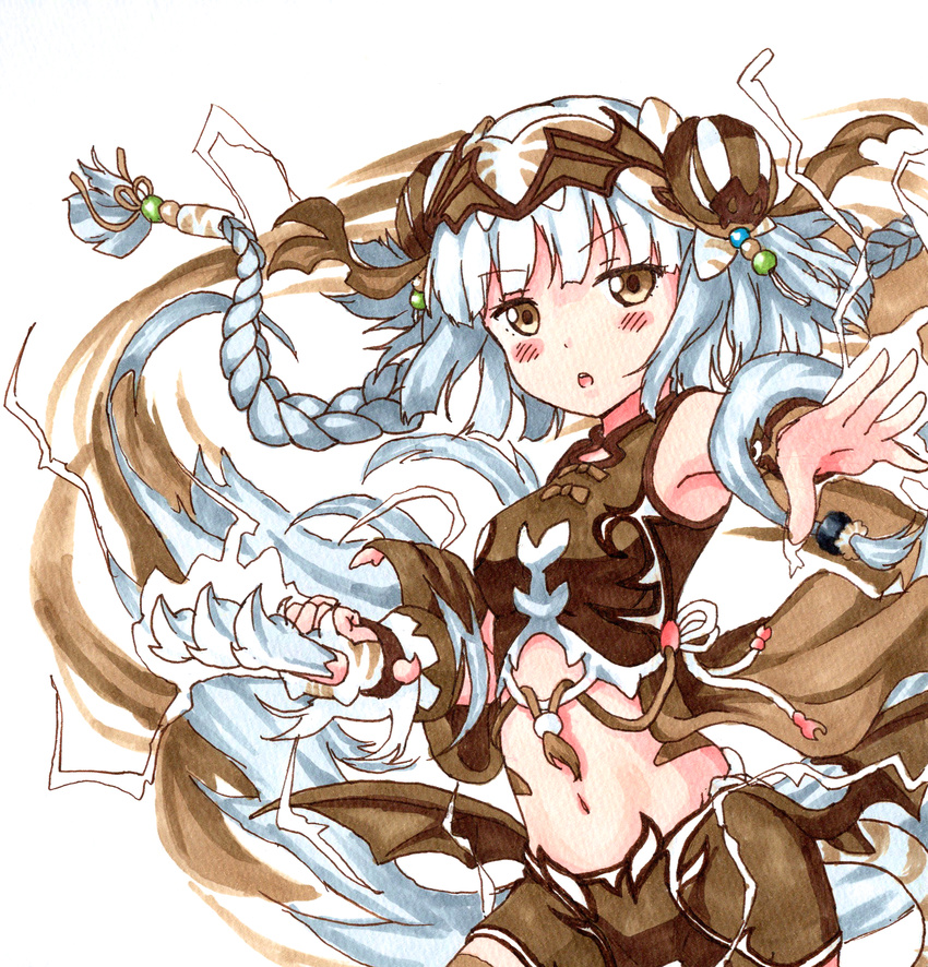 bare_shoulders blush braid brown_eyes commentary_request hair_ornament haku_(p&amp;d) headpiece highres holding holding_weapon long_hair looking_at_viewer marker_(medium) miyabi_(miyabeeya) navel puzzle_&amp;_dragons simple_background solo traditional_media very_long_hair weapon white_background