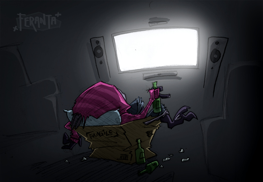 2016 2_toes 3_fingers alcohol alien beverage blue_clothing bottle box chair clothing colored detailed_background digital_drawing_(artwork) digital_media_(artwork) fan_character feranta grey_background hoodie humanoid inside jeans light living_room loganhen male mass_effect pants pink_clothing purple_body rear_view shaded signature simple_background sitting solo speakers television toes toony turian video_games