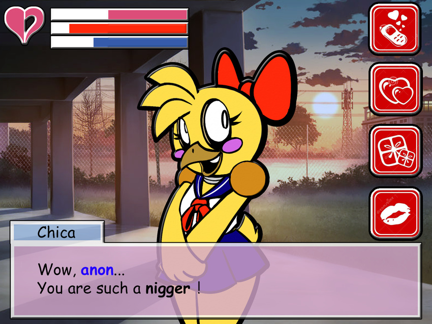 &lt;3 anthro avian beak bird blush bow cellphone chicken dialogue english_text eyelashes fake_screenshot female five_nights_at_freddy's five_nights_at_freddy's_2 fourball insult meter phone racism sailor_fuku smile solo talking_to_viewer text toy_chica_(fnaf) video_games visual_novel