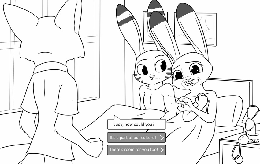 2016 adultery anthro bed canine dialogue disney duo english_text female fox fur jack_savage judy_hopps lagomorph male mammal monochrome nick_wilde rabbit simple_background text tggeko white_background zootopia