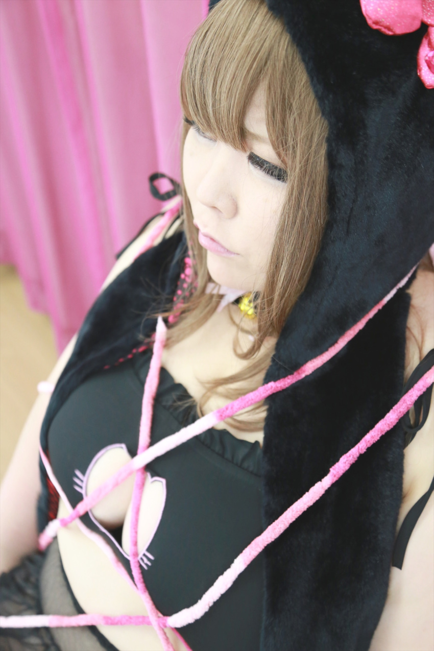 asian breasts brown_hair cat_cutout cat_lingerie fat huge_breasts luu_(cosplayer) meme_attire photo solo