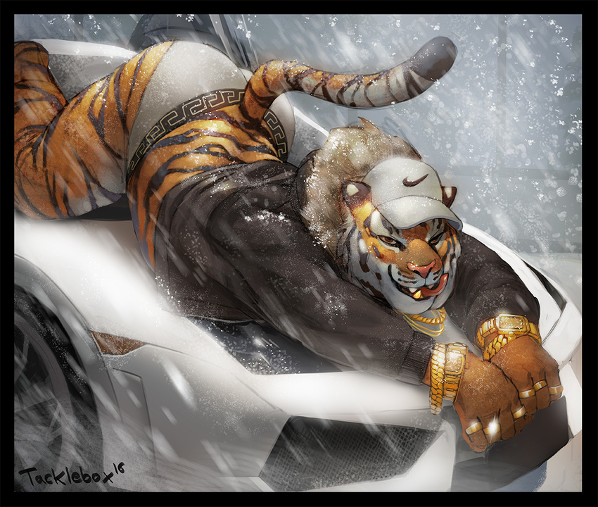 anthro butt car clothing detailed_background feline front_view gold_(metal) gold_tooth hat jacket jewelry lying male mammal necklace nike open_mouth orange_eyes outside pink_nose pose relaxing ring snow stripes tacklebox tiger tongue tongue_out tree underwear vehicle watch