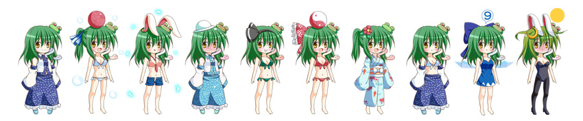 &gt;_&lt; 1girl ^_^ alternate_costume alternate_hairstyle animal_ears bare_legs bare_shoulders barefoot between_breasts bikini blue_dress blush bow breasts bunny_ears bunnysuit cirno cirno_(cosplay) cleavage closed_eyes cosplay detached_sleeves dress embarrassed flower frog_hair_ornament full_moon green_background green_bikini green_hair hair_bow hair_flower hair_ornament hair_ribbon hairband hat highres japanese_clothes kemonomimi_mode kimono kochiya_sanae long_image medium_breasts moon multiple_views navel object_on_head open_mouth osashin_(osada) pantyhose pink_bikini_top ponytail red_bikini ribbon short_shorts short_sleeves shorts smile snake_hair_ornament swimsuit touhou transparent_background variations wavy_mouth white_bikini white_bikini_top wide_image wings yellow_eyes yin_yang yukata