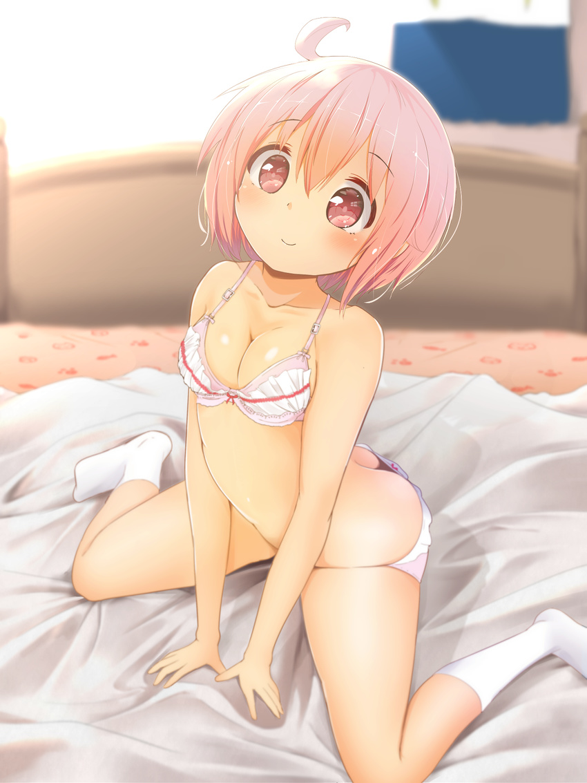 ahoge arched_back arm_support ass bad_id bad_pixiv_id blurry blush bow bow_bra bra breasts butt_crack cleavage closed_mouth commentary_request depth_of_field eyebrows eyebrows_visible_through_hair hair_between_eyes head_tilt highres jovejun looking_at_viewer medium_breasts mismatched_legwear nonohara_yuzuko panties pink_eyes pink_hair shiny shiny_skin short_hair sitting smile solo underwear wariza white_legwear window yuyushiki