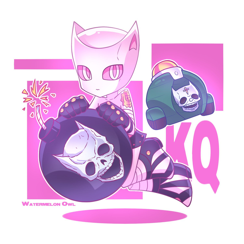 bomb fuse gloves highres jojo_no_kimyou_na_bouken killer_queen no_humans pink_eyes purple_gloves sheer_heart_attack skull stand_(jojo) watermelonowl