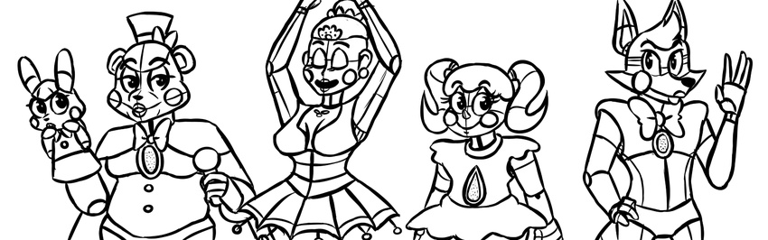 animatronic baby_(fnafsl) ballerina ballora_(fnafsl) black_and_white bow_tie breasts canine clothing crossgender eyelashes eyes_closed female five_nights_at_freddy's fox funtime_foxy_(fnafsl) funtime_freddy_(fnafsl) girly half-closed_eyes hat humanoid inkyfrog lagomorph machine male mammal microphone monochrome open_mouth pigtails puppet_bonnie_(fnafsl) rabbit robot sister_location skirt smile video_games