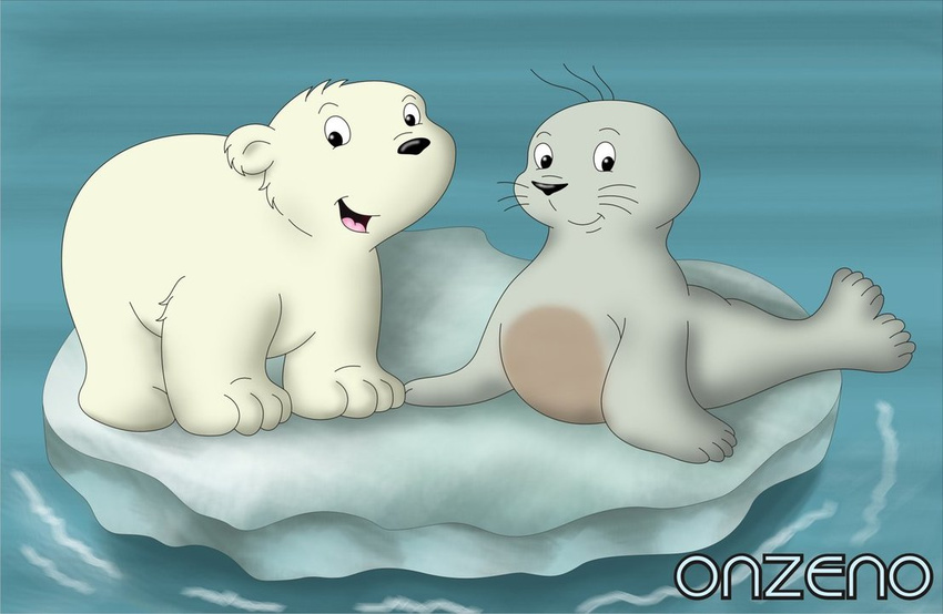 arctic bear cute duo fur grey_fur ice lars looking_at_viewer male mammal marine onzeno pinniped polar_bear robby seal smile the_little_polar_bear water whiskers white_fur