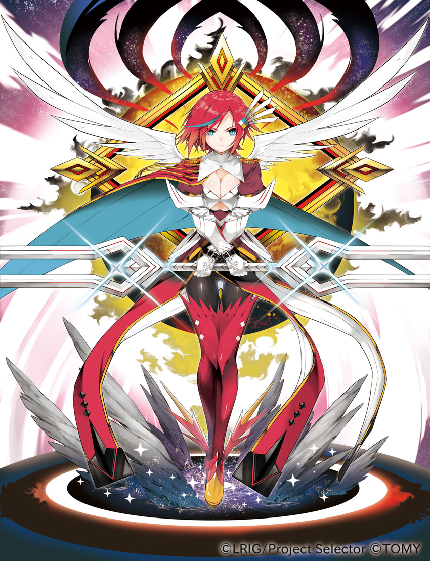 aqua_eyes aqua_hair armor ass_visible_through_thighs belt bodysuit braid breasts capelet cleavage cleavage_cutout closed_mouth company_name cross crossed_arms crown_braid double-blade epaulettes frown gauntlets hair_ornament highres holding holding_sword holding_weapon large_breasts looking_at_viewer lostorage_wixoss multicolored_hair official_art red_hair ril_(wixoss) shiny shiny_hair short_hair solo standing streaked_hair sword thigh_gap tokiti underboob waist_cape weapon wings wixoss