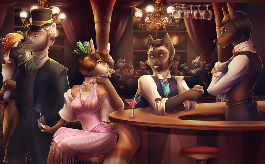 5_fingers anthro black_hair black_nose blue_eyes brown_hair canine cat clothed clothing detailed_background dog dress facial_hair feline female green_eyes group hair inside kitty_silence male mammal mustache navel red_eyes sitting smile smoking standing wolf