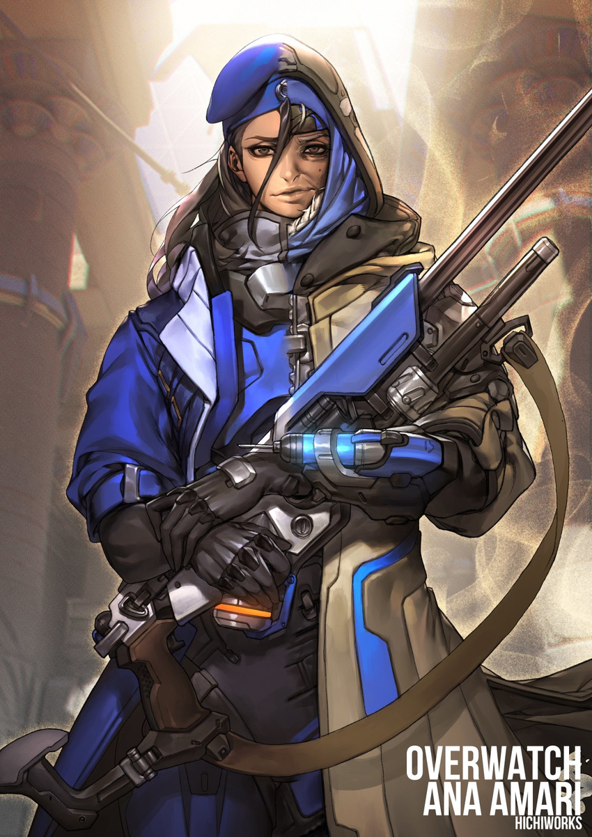 alternate_costume ana_(overwatch) armor artist_name bandages beret black_gloves black_hair blue_coat blue_hat blue_jacket bodysuit braid brown_eyes captain_amari character_name coat comparison copyright_name cowboy_shot dark_skin emblem eye_of_horus facial_mark facial_tattoo gauntlets gloves gun hat hich hichi highres hijab holding holding_gun holding_weapon jacket long_hair looking_at_viewer military military_hat military_uniform mole mole_under_eye old_woman open_clothes open_coat overcoat overwatch parted_lips power_armor power_suit revision rifle scope signature sniper_rifle solo split_image split_theme tattoo uniform weapon white_hair younger