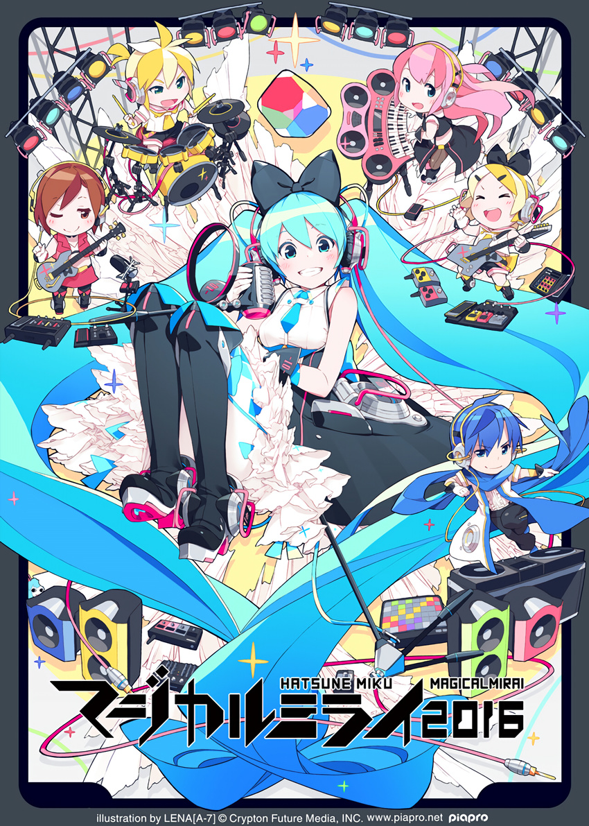 4girls bass_guitar black_footwear black_pants blonde_hair blue_eyes blue_hair boots bow brown_eyes brown_hair chibi closed_eyes coat cube dress drum drumsticks electric_guitar frilled_dress frilled_skirt frills gloves grin guitar hair_bow hatsune_miku headphones highres holding holding_instrument holding_microphone instrument kagamine_len kagamine_rin kaito keyboard_(instrument) lena_(zoal) long_hair looking_at_viewer magical_mirai_(vocaloid) matching_outfit megurine_luka meiko microphone microphone_stand multiple_boys multiple_girls music necktie one_eye_closed open_clothes open_coat pants pantyhose pink_hair playing_instrument red_skirt resized sailor_collar scarf short_sleeves shorts side_slit sitting skirt sleeveless sleeveless_dress smile sparkle speaker spotlight standing standing_on_one_leg text_focus upscaled very_long_hair vocaloid white_gloves wire