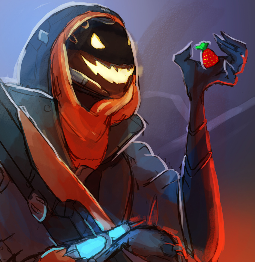 alternate_costume ana_(overwatch) candy deamonett evil_smile food ghoul_ana glowing glowing_eyes halloween_costume highres hood mask open_mouth overwatch smile solo upper_body