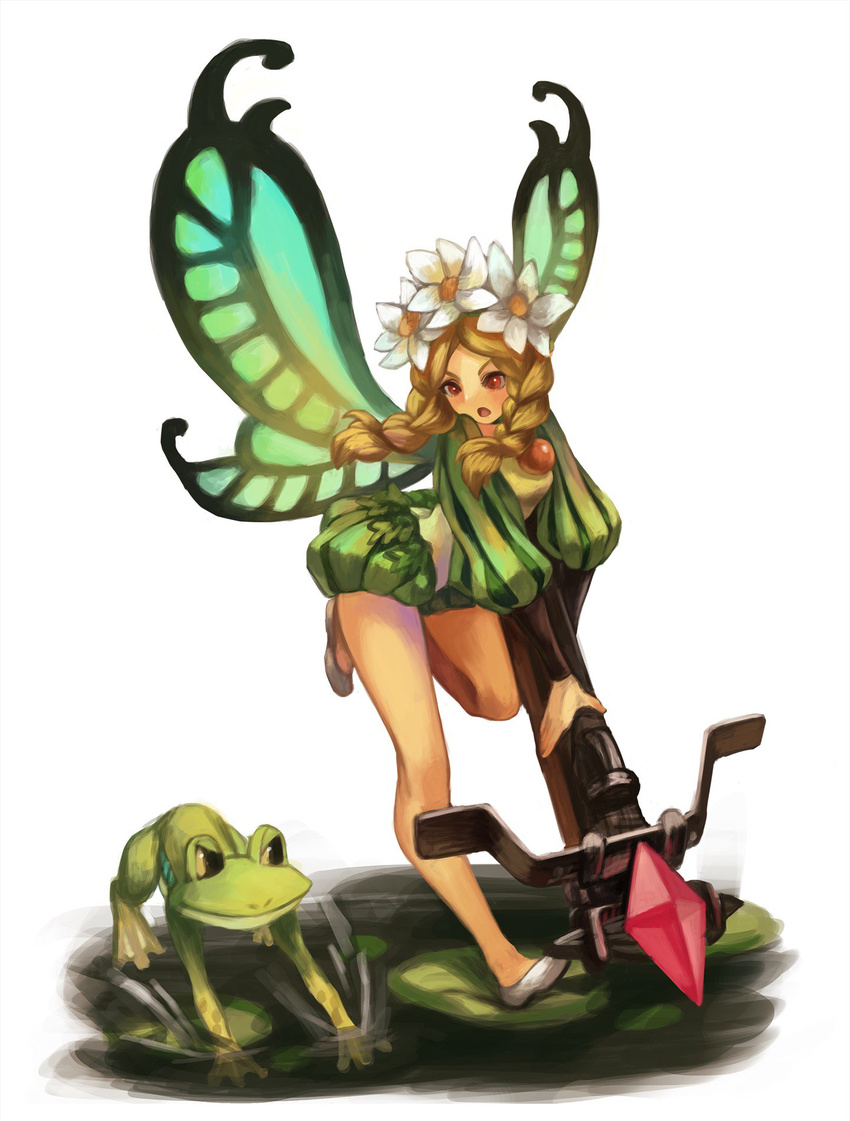 blonde_hair bodysuit bow_(weapon) braid butterfly_wings crossbow crystal fairy flower frog hair_flower hair_ornament head_wreath highres ingway_(odin_sphere) leg_lift long_hair mercedes minigirl odin_sphere open_mouth red_eyes running shoes short_shorts shorts takemiya_09 twin_braids twintails weapon wings