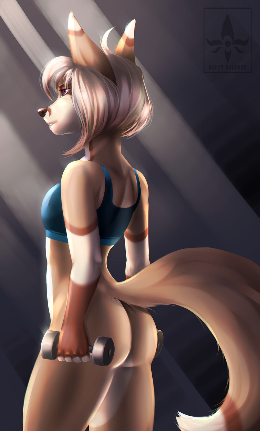 5_fingers anthro bottomless brown_nose butt canine clothed clothing female fox half-closed_eyes hi_res kitty_silence mammal purple_eyes solo