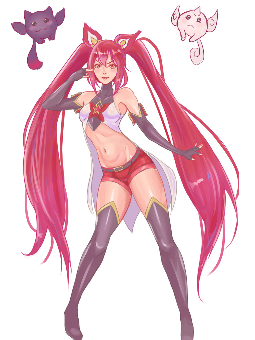 alternate_costume alternate_hair_color elbow_gloves fingerless_gloves gloves jinx_(league_of_legends) kuro_(league_of_legends) league_of_legends long_hair magical_girl red_hair shiro_(league_of_legends) shorts solo star_guardian_jinx thigh_boots thighhighs twintails very_long_hair
