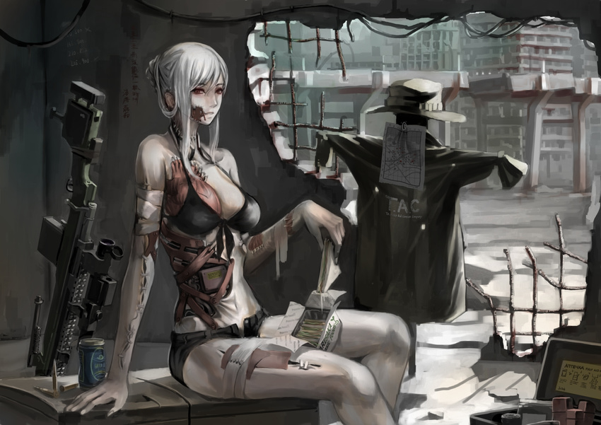 albino black_bikini_top breasts brown_eyes bullet can cleavage damaged food gun hat hat_removed headwear_removed highres huge_breasts jittsu looking_at_viewer md5_mismatch mecha_musume original pale_skin parts_exposed ruins sandwich shorts sitting solo weapon white_hair