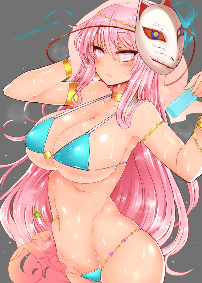 armlet aura bangle bikini blue_bikini blush bracelet breasts closed_mouth commentary_request covered_nipples dancer expressionless fox_mask hata_no_kokoro highres holding jewelry large_breasts long_hair looking_at_viewer mask pink_eyes pink_hair roki_(hirokix) solo sweat swimsuit touhou