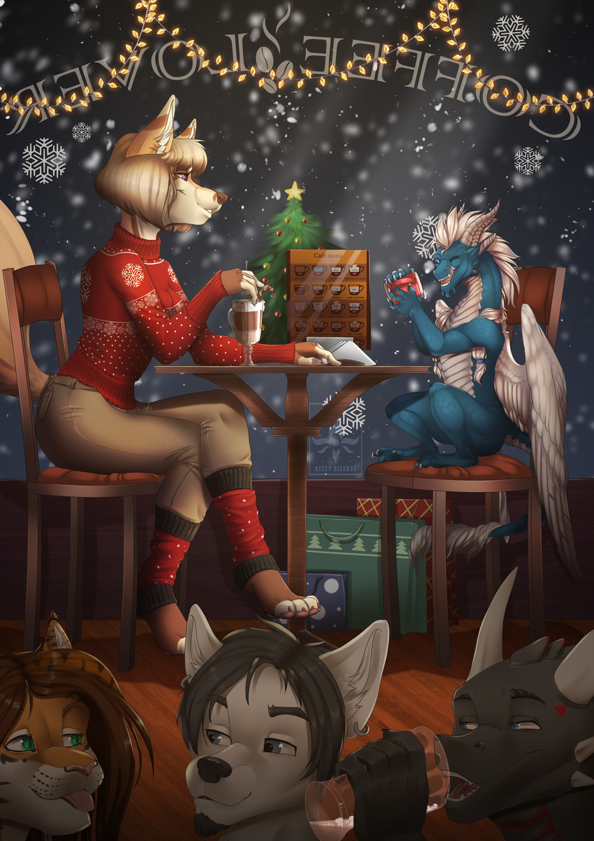 anthro beverage black_hair brown_nose canine christmas clothed clothing dragon fangs feathered_dragon feathered_wings feathers feline female feral food grey_eyes group hair half-closed_eyes hi_res holidays horn inside kitty_silence male mammal open_mouth openmouth sitting size_difference smile snow teeth tiger tongue tongue_out white_feathers wings wolf