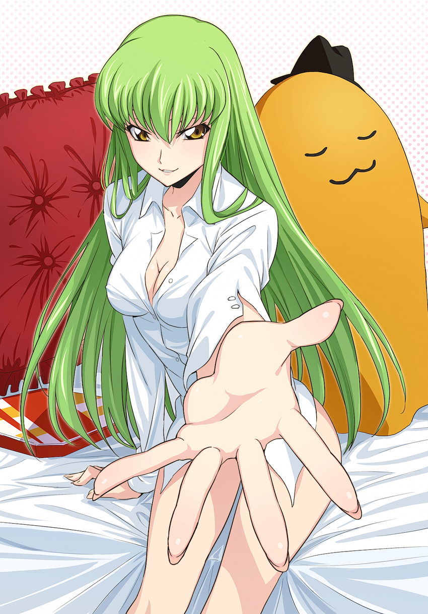 arm_at_side arm_support bangs bare_legs beckoning bed_sheet breasts c.c. cheese-kun cleavage code_geass collared_shirt dress_shirt fingernails frilled_pillow frills green_hair hair_between_eyes highres lips long_fingernails long_hair long_sleeves looking_at_viewer md5_mismatch medium_breasts naked_shirt no_pants on_bed outstretched_arm palms parted_lips pillow polka_dot polka_dot_background puma_(hyuma1219) shirt sitting smile solo stuffed_toy white_shirt yellow_eyes