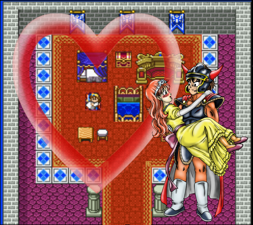 1girl armor black_eyes black_hair blush cape carrying dragon_quest dragon_quest_i dress elbow_gloves gloves green_eyes helmet hero_(dq1) highres jewelry long_hair orange_hair orange_legwear pink_footwear princess princess_carry princess_laura professormegaman shoes tiara