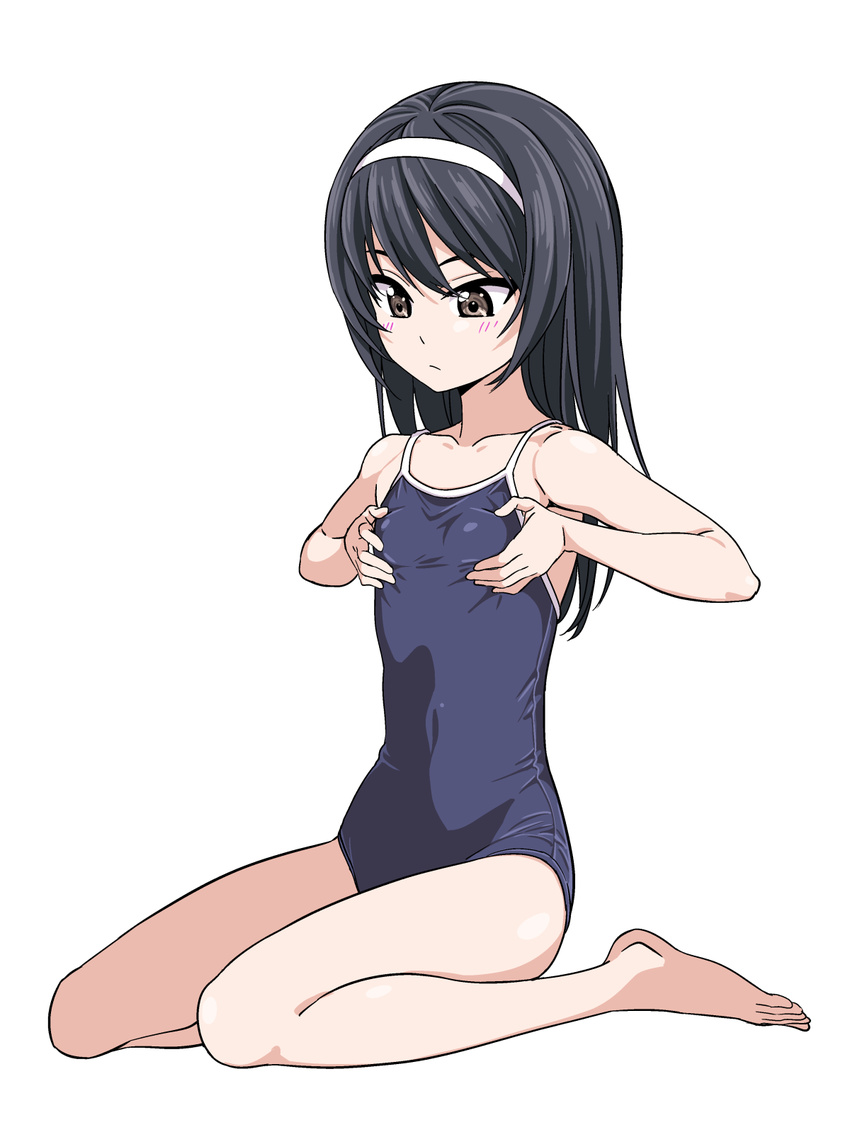 bare_shoulders black_hair blue_swimsuit blush breast_conscious brown_eyes collarbone competition_school_swimsuit flat_chest frown girls_und_panzer hairband highres hiroyuki long_hair looking_at_breasts one-piece_swimsuit reizei_mako school_swimsuit shiny shiny_hair simple_background sitting solo swimsuit wariza white_background white_hairband