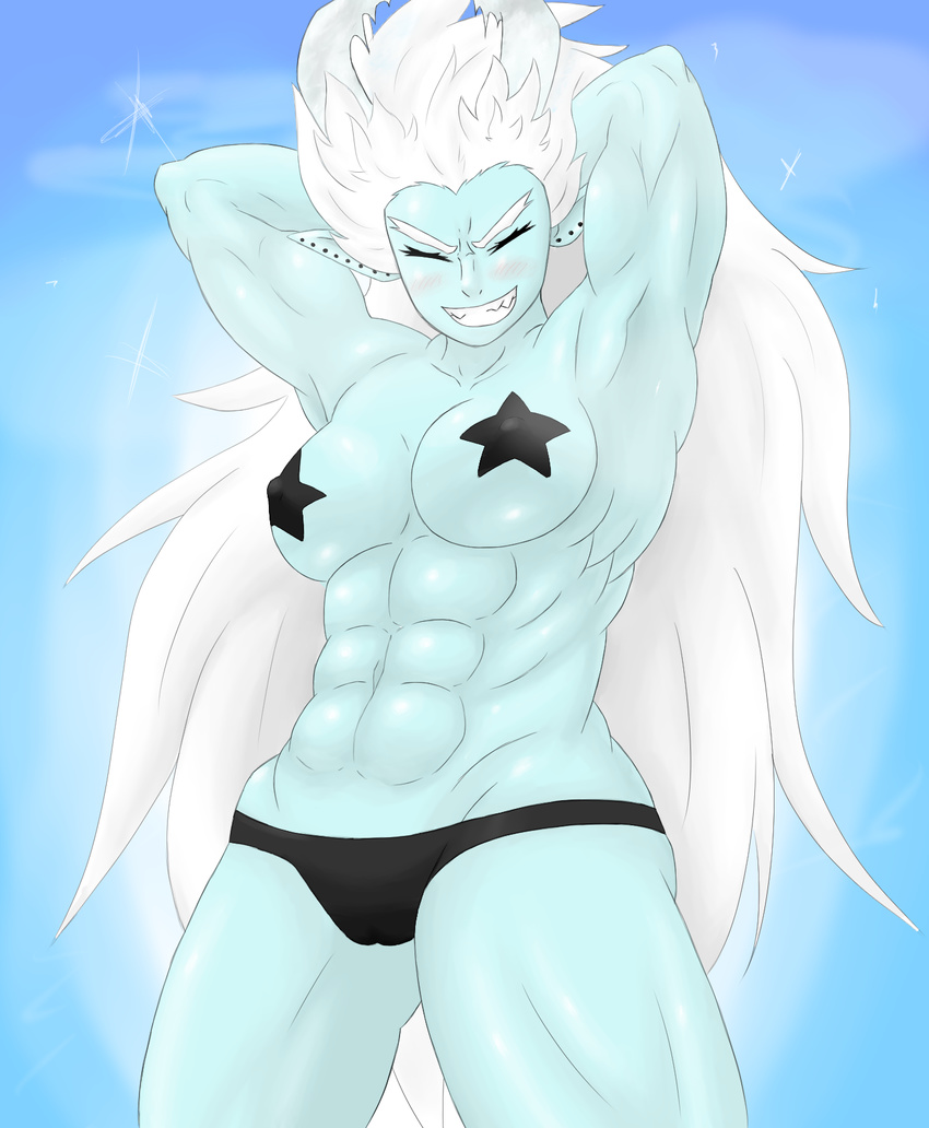 abs armpits bloodcifer blue_skin breasts clenched_teeth clothed clothing demon female grin hair horn humanoid muscular muscular_female not_furry pointy_ears solo teeth