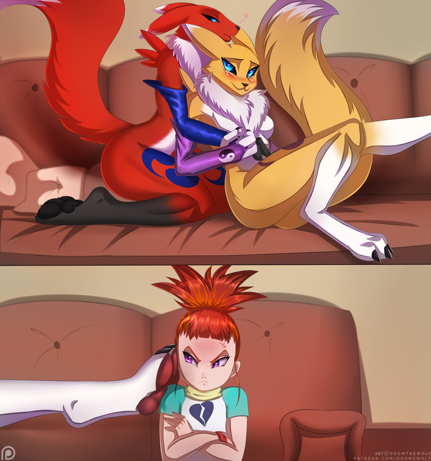 2016 angry anthro armpits black_sclera blue_eyes breasts bridal_gauntlets canine clothed clothing comic crossed_arms digimon doomthewolf fan_character featureless_breasts female fox fur group human humor kneeling mammal mostly_nude patreon purple_eyes raised_tail razure red_fur renamon rika_nonaka sitting white_fur yellow_fur