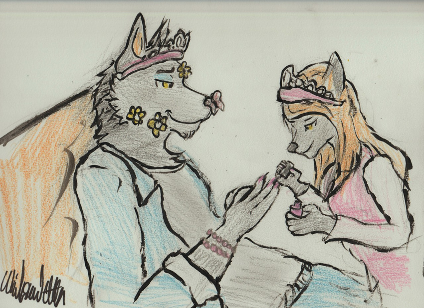 age_difference bonding canine clothing cute daughter dress father female male male/female mammal parent princess royalty simple_background wolf wolfieboi