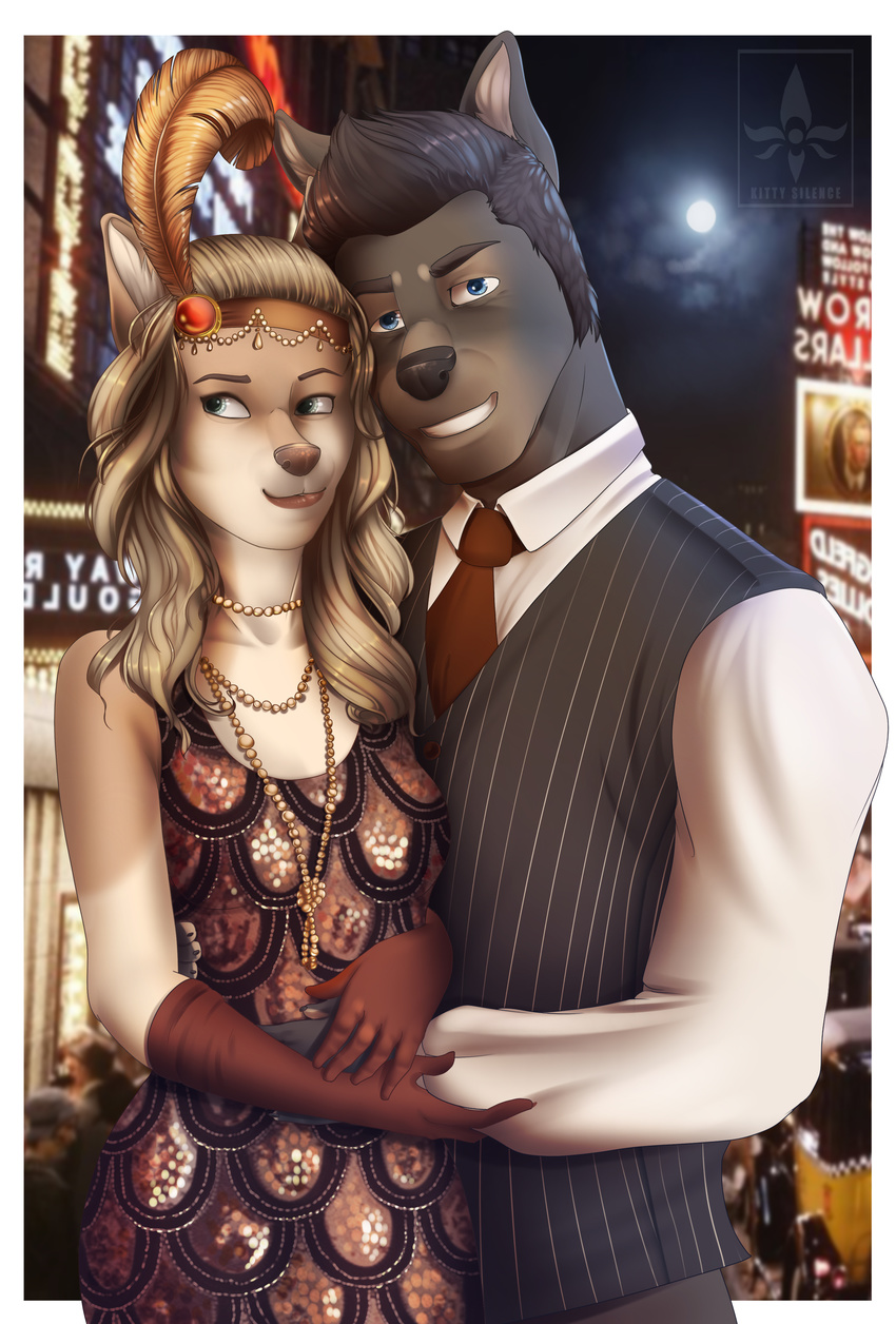 5_fingers anthro black_hair black_nose blonde_hair blue_eyes brown_nose canine city clothed clothing detailed_background dog duo female hair kitty_silence looking_at_viewer male mammal moon night outside sky smile