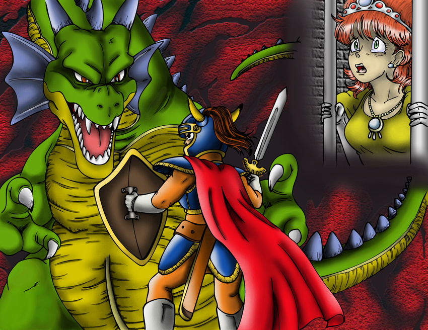 1girl armor battle black_eyes black_hair cape confrontation dragon dragon_quest dragon_quest_i dress elbow_gloves gloves green_eyes helmet hero_(dq1) jewelry long_hair monster orange_hair princess princess_laura prison professormegaman sword tiara weapon