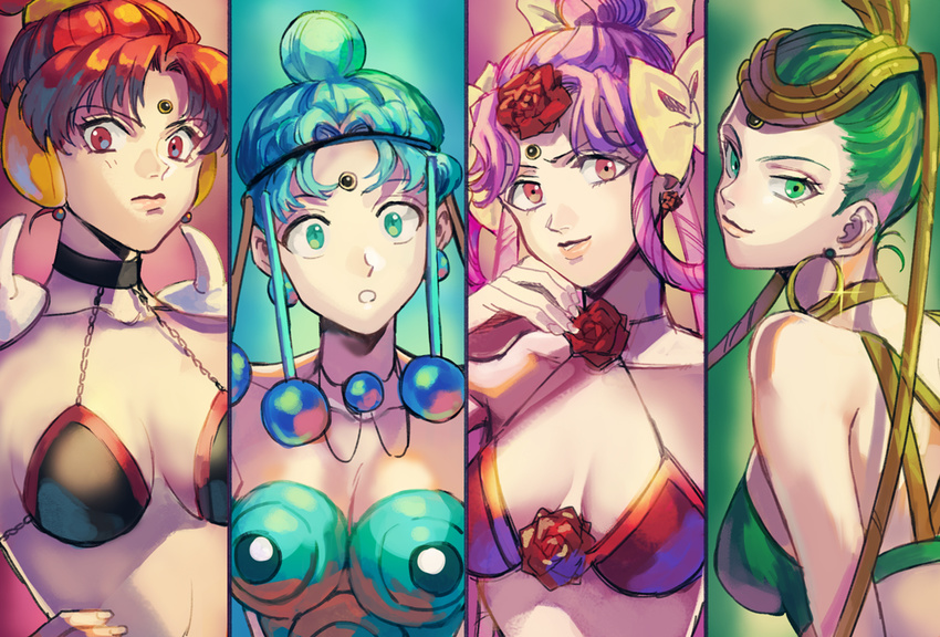 :o amazons_quartet aqua_eyes aqua_hair bare_shoulders bikini_top bishoujo_senshi_sailor_moon bow breasts cerecere_(sailor_moon) chain choker cleavage column_lineup earrings flower forehead_jewel green_eyes green_hair hair_bow hair_bun hair_rings halter_top halterneck halu-ca hoop_earrings jewelry junjun_(sailor_moon) large_breasts multiple_girls open_mouth pallapalla_(sailor_moon) pink_eyes pink_hair red_eyes red_hair rose smile vesves_(sailor_moon)