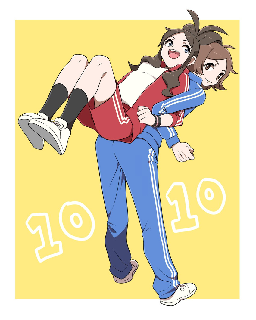 1girl back-to-back black_legwear brown_eyes brown_hair dated highres legs_up locked_arms long_hair pokemon pokemon_(game) pokemon_bw ponytail pumpkinpan pun shoes shorts sidelocks simple_background smile sneakers socks touko_(pokemon) touya_(pokemon) track_suit yellow_background