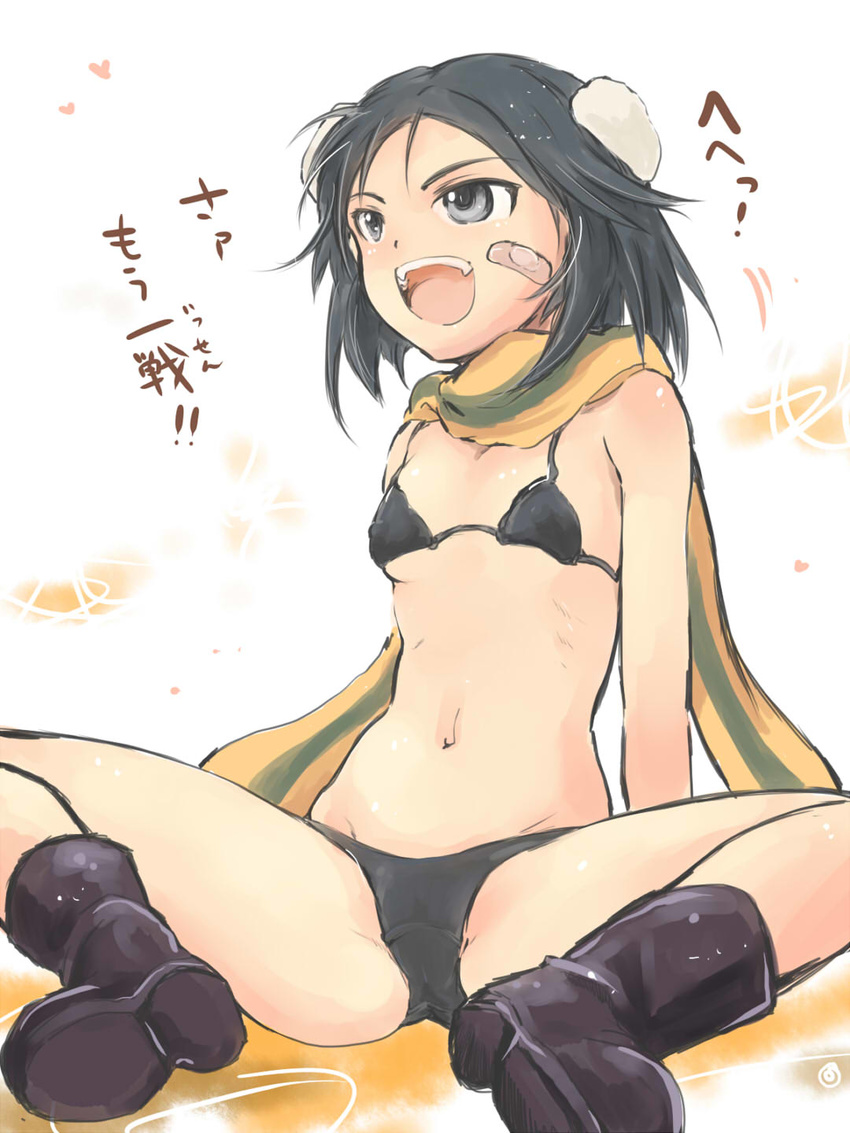 black_bra black_hair black_panties blue_eyes blush bra brave_witches groin highres kanno_naoe mishiro_shinza navel open_mouth panties scarf short_hair smile solo spread_legs underwear underwear_only world_witches_series