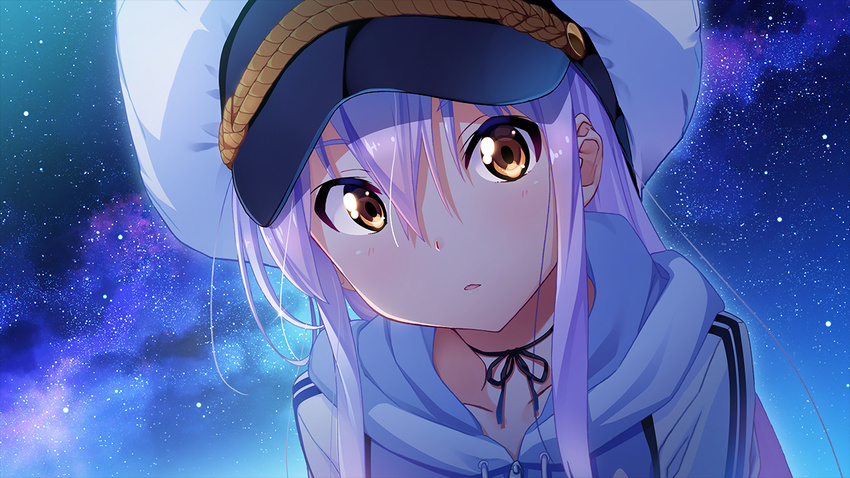 brown_eyes close-up game_cg hat island_(game) kuuchuu_yousai looking_at_viewer neck_ribbon night official_art ohara_rinne ribbon sky solo star_(sky) starry_sky