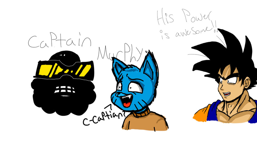 big_eyes captain_murphy cartoon_network cat clothing crossover dragon_ball dragon_ball_z feline flying_lotus goku gumball_watterson male mammal muscular open_mouth saiyan teeth the_amazing_world_of_gumball