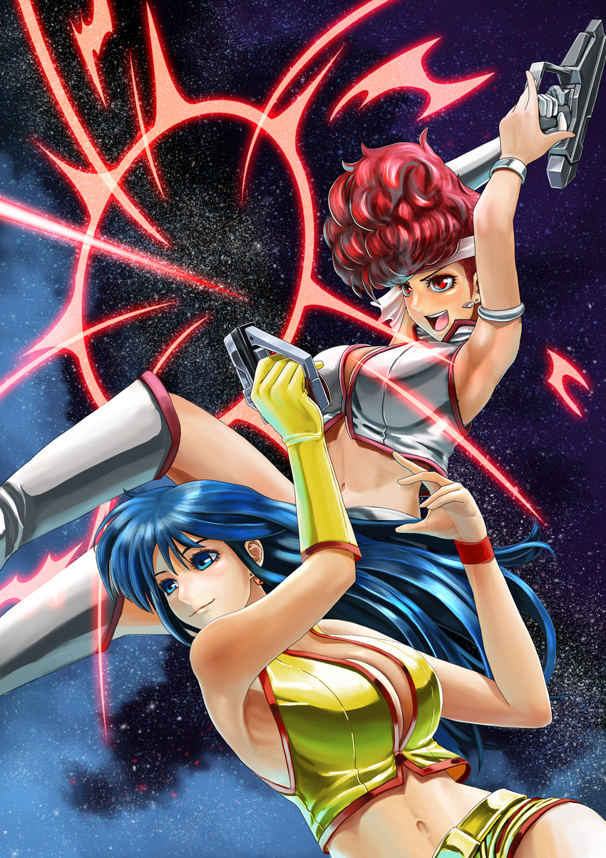 80s abazu-red armlet bangs blue_eyes blue_hair boots breasts cleavage crop_top curly_hair dirty_pair earrings energy_gun gloves grey_footwear grey_gloves grey_shirt grey_shorts headband highres jewelry kei_(dirty_pair) knee_boots large_breasts long_hair looking_to_the_side midriff multiple_girls navel oldschool open_mouth ray_gun red_eyes red_hair shirt short_hair short_shorts shorts sky sleeveless sleeveless_shirt smile star_(sky) starry_sky weapon wristband yellow_footwear yellow_gloves yellow_shirt yellow_shorts yuri_(dirty_pair)