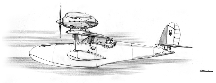 aircraft airplane artist_name facial_hair flight_goggles goggles goggles_on_head graphite_(medium) greyscale hat kurenai_no_buta laurent_negroni looking_at_viewer male_focus monochrome mustache pilot porco_rosso_(character) propeller savoia_s.21 scan scarf seaplane snout solo speed_lines sunglasses traditional_media upper_body white_background