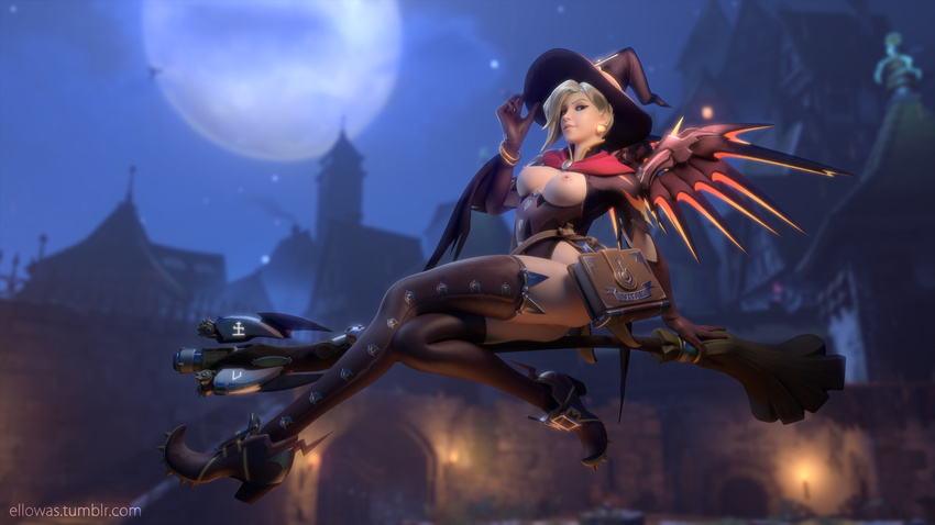 3d absurdres blonde_hair breasts breasts_outside ellowas hat highres looking_at_viewer md5_mismatch medium_breasts mercy_(overwatch) night nipples no_panties overwatch resized smile solo topless upscaled witch witch_hat witch_mercy