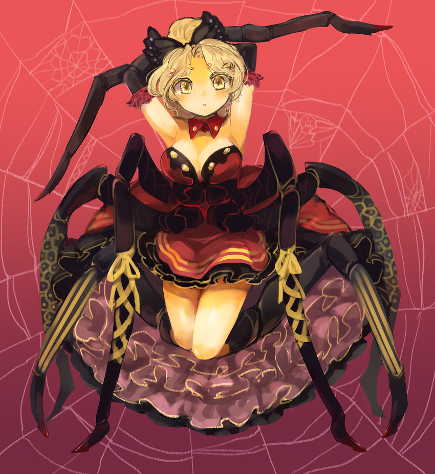 arms_behind_head arms_up bare_shoulders blonde_hair bow breasts chamaruku cleavage colored_eyelashes commentary_request detached_collar dress elbow_gloves gloves hair_bow highres insect_girl kurodani_yamame medium_breasts petticoat ponytail short_dress silk solo spider_girl spider_web strapless strapless_dress touhou yellow_eyes