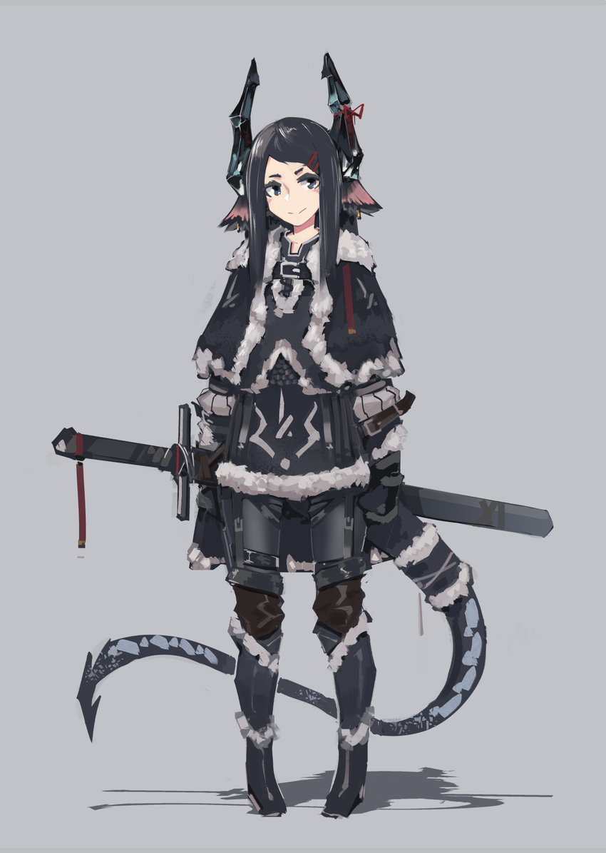 animal_ears black_gloves blue_coat blue_eyes blue_footwear blue_hair boots capelet coat deel_(rkeg) dragon_ears dragon_girl dragon_horns dragon_tail gloves grey_background highres horn_ornament horns knee_boots long_hair myr_(deel) original prototype shadow shorts simple_background solo sword tail weapon winter_clothes