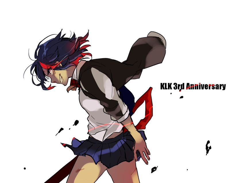 anko_(kirikiri) anniversary black_hair blood blood_on_face crazy_smile from_side highres jacket kill_la_kill letterman_jacket matoi_ryuuko miniskirt multicolored_hair open_clothes open_jacket red_hair scissor_blade skirt solo streaked_hair weapon