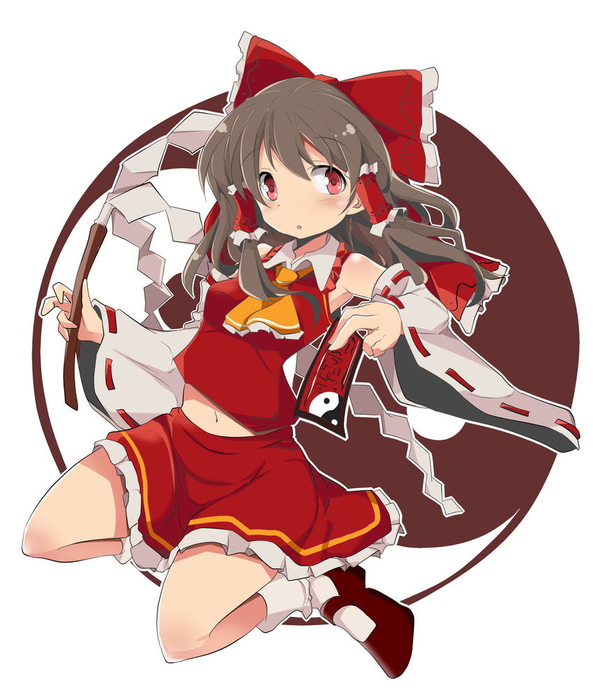 absurdres bare_shoulders bow brown_hair detached_sleeves hair_bow hair_tubes hakurei_reimu highres long_hair midriff miniskirt mukuroi navel red_eyes red_shirt red_skirt shirt skirt skirt_set solo touhou yin_yang