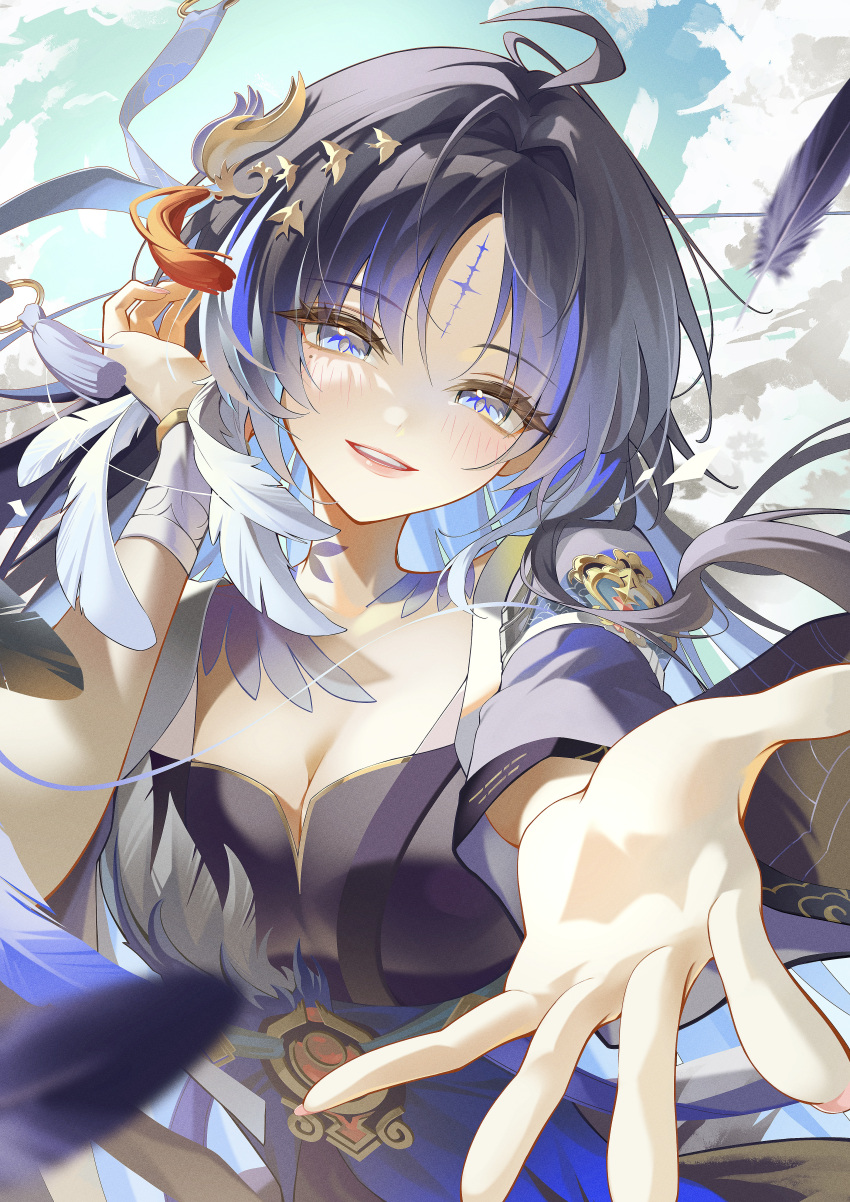 1girl absurdres ahoge black_dress black_feathers black_hair blue_eyes blue_hair breasts chigusa7h cleavage colored_inner_hair commentary_request dress feathers hair_intakes hair_ornament hand_up highres jacket large_breasts long_hair looking_at_viewer multicolored_hair outstretched_arm parted_lips smile solo tacet_mark_(wuthering_waves) upper_body white_jacket wuthering_waves yangyang_(wuthering_waves) yangyang_(xuanling)_(wuthering_waves)